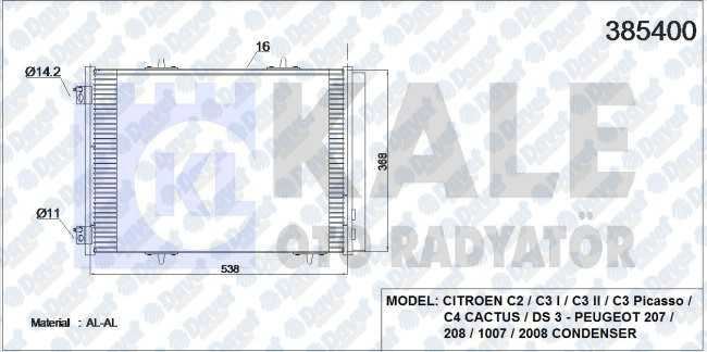 KALE 385400 Klima Radyatoru 207 06> C3 09> Ds3 10> 1.6hdi-1.6 16v (Al/Al) (538x368x16) (Kurutucu Ile)